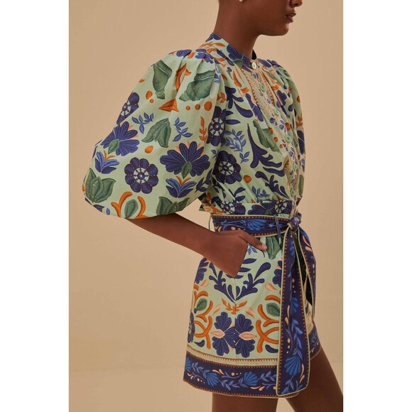 Farm Rio Green Ocean Tapestry Belted Romper, Medium, 100% Cotton New $200 - Picture 4 of 7